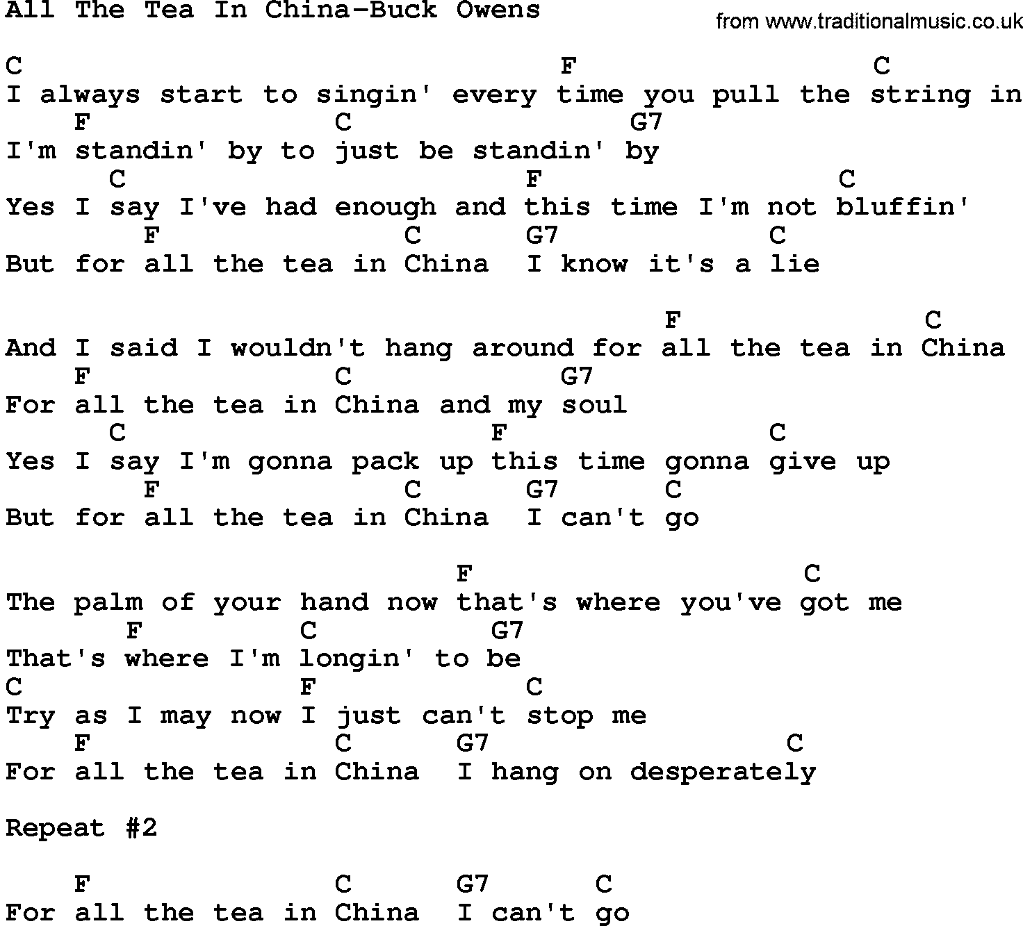 Country music song: All The Tea In China-Buck Owens lyrics and chords