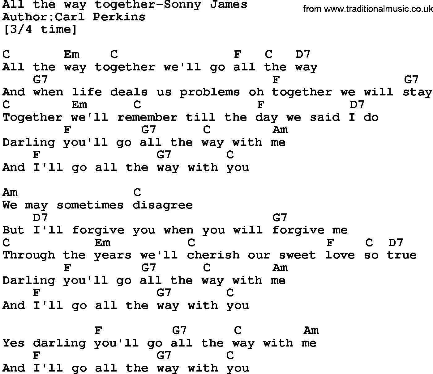 Country music song: All The Way Together-Sonny James lyrics and chords