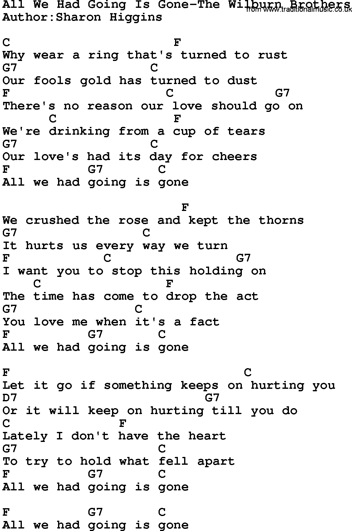 Country music song: All We Had Going Is Gone-The Wilburn Brothers lyrics and chords