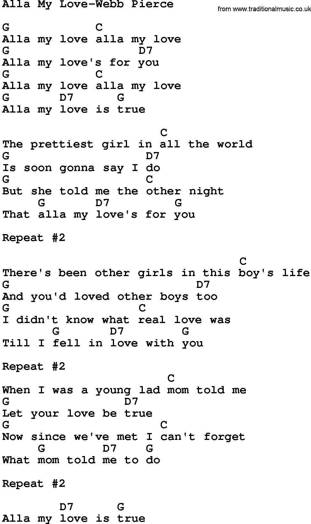 Country music song: Alla My Love-Webb Pierce lyrics and chords