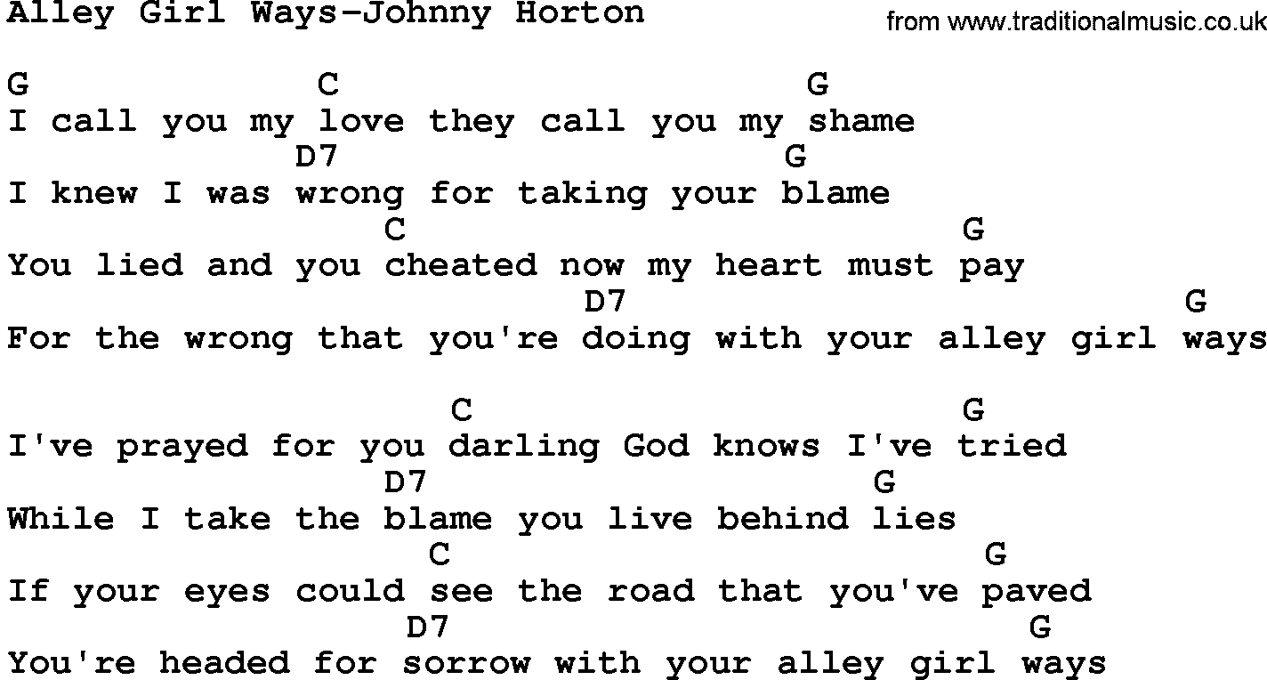 Country music song: Alley Girl Ways-Johnny Horton lyrics and chords
