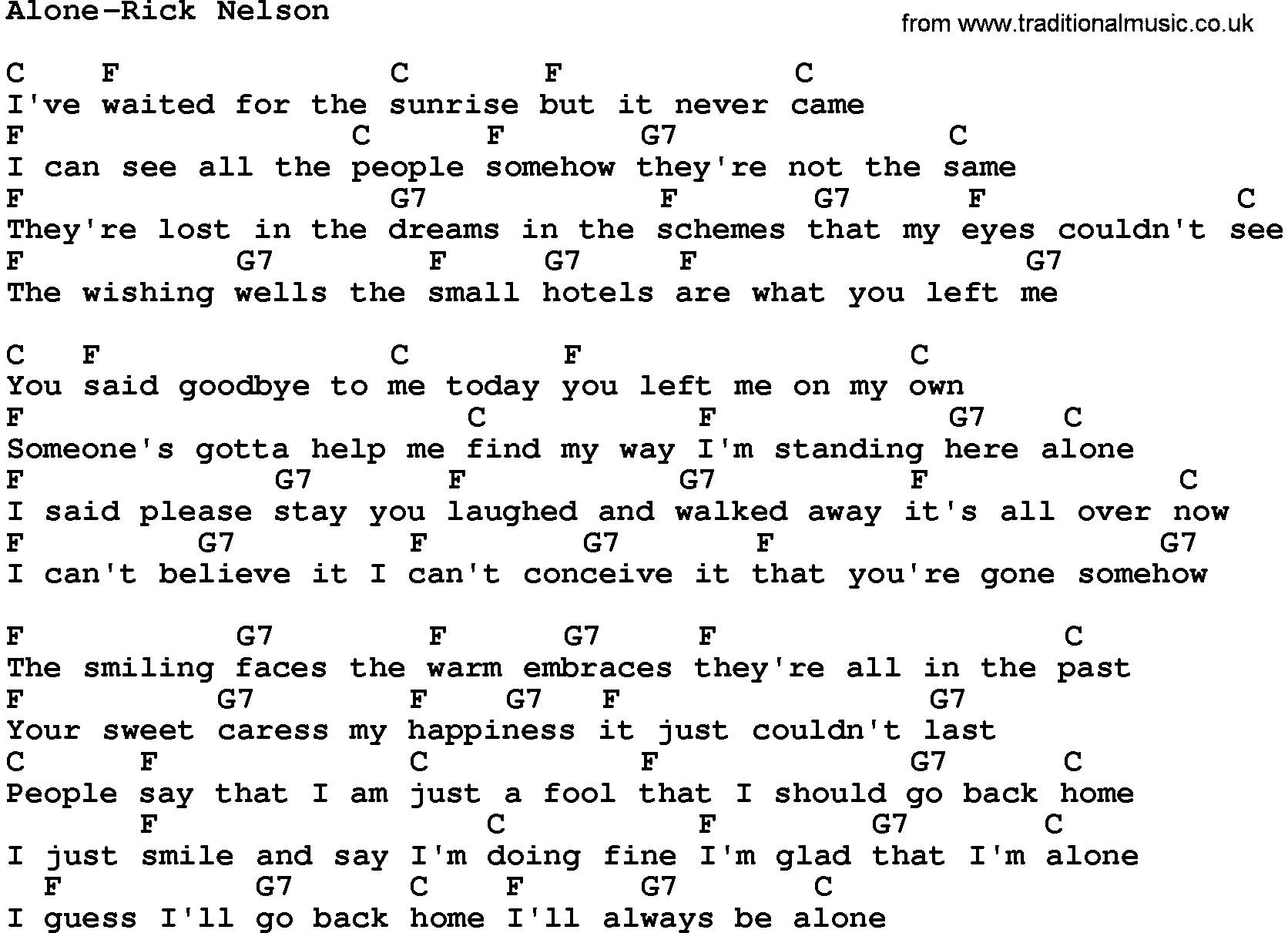Country music song: Alone-Rick Nelson lyrics and chords