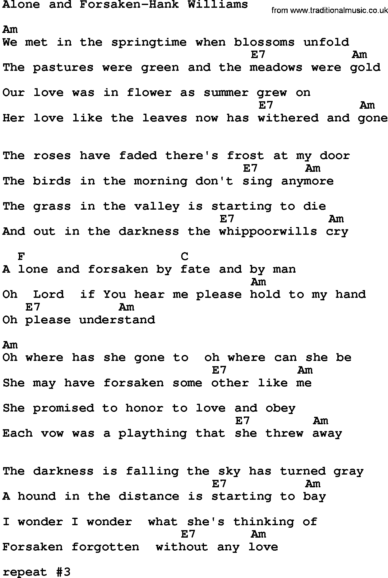 Country music song: Alone And Forsaken-Hank Williams  lyrics and chords