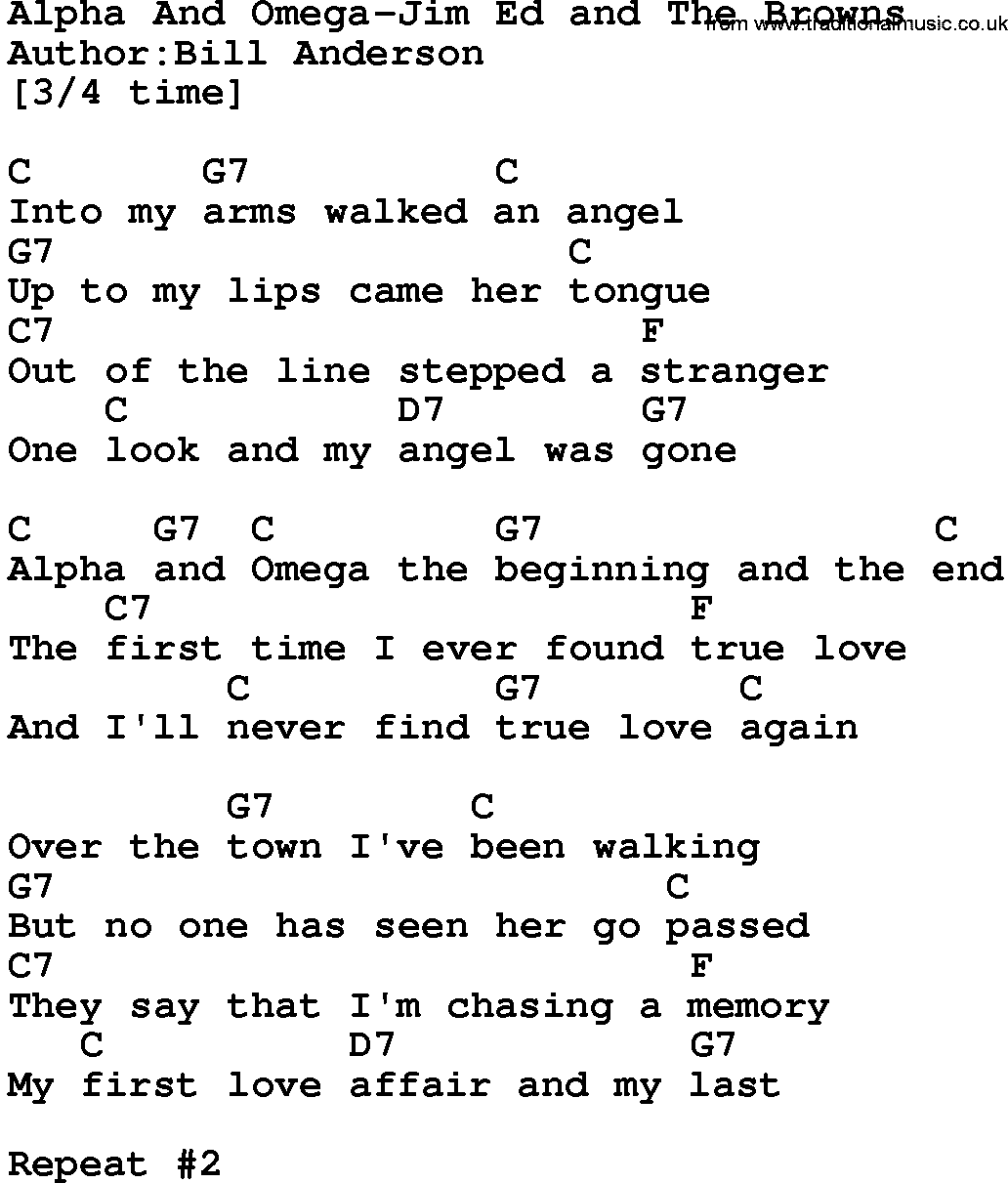 Country music song: Alpha And Omega-Jim Ed And The Browns lyrics and chords