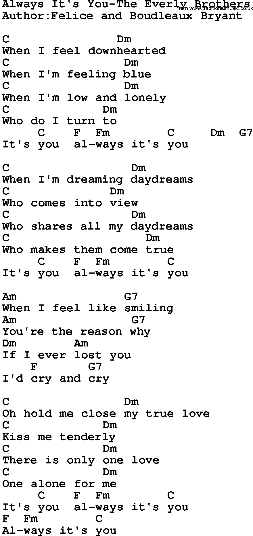 Country music song: Always It's You-The Everly Brothers lyrics and chords