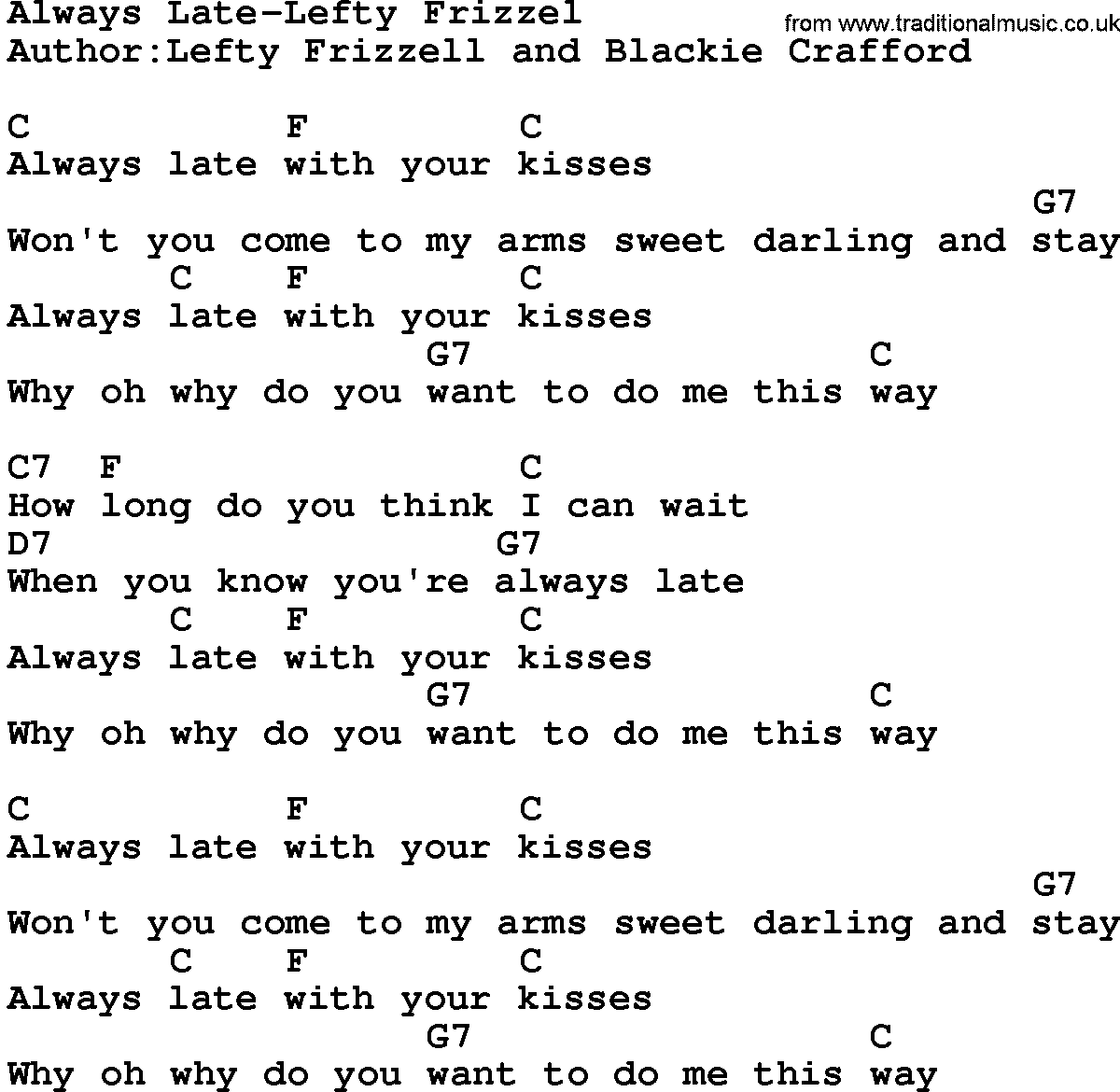 Country music song: Always Late-Lefty Frizzel lyrics and chords