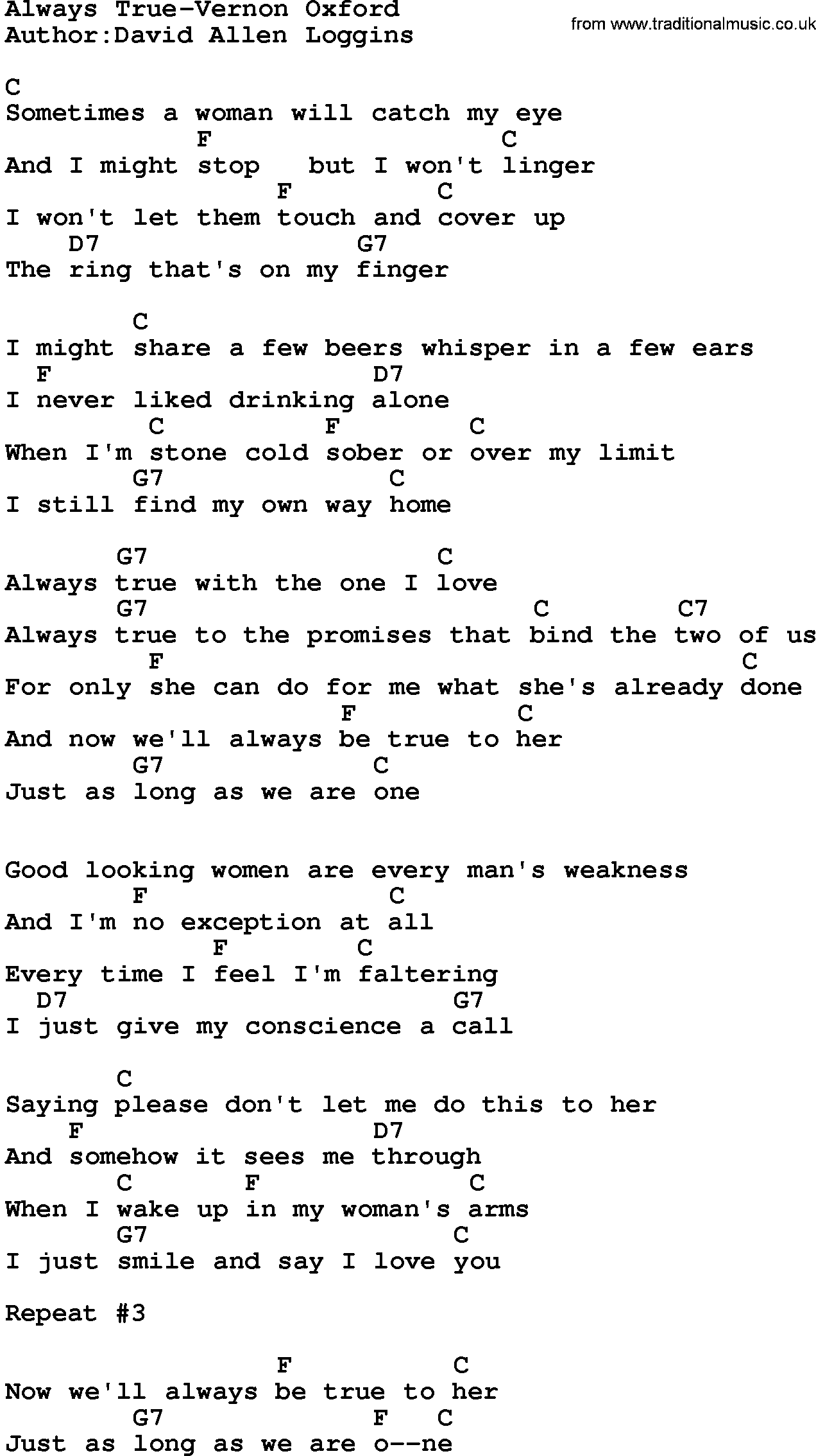 Country music song: Always True-Vernon Oxford lyrics and chords