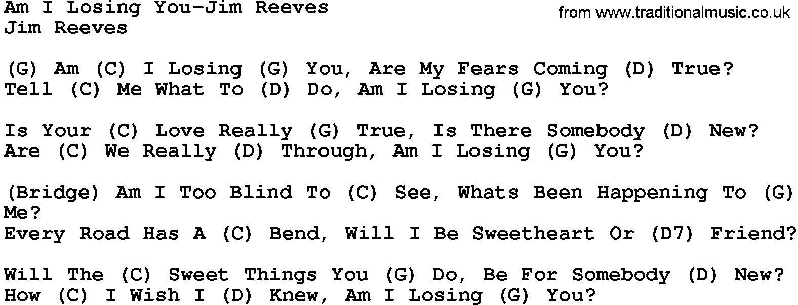 Country music song: Am I Losing You-Jim Reeves lyrics and chords