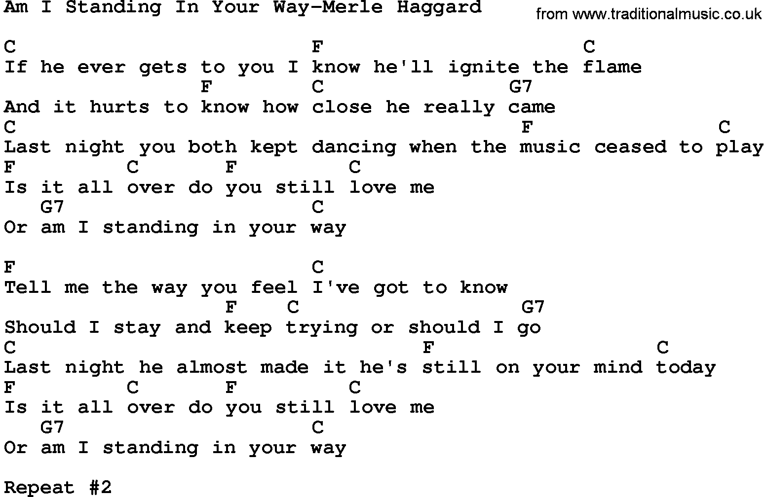 Country music song: Am I Standing In Your Way-Merle Haggard lyrics and chords