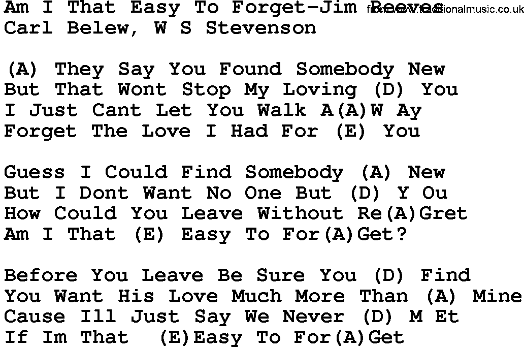 Country music song: Am I That Easy To Forget-Jim Reeves lyrics and chords