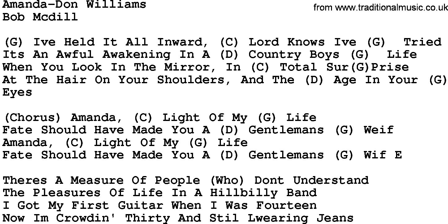 Country music song: Amanda-Don Williams lyrics and chords