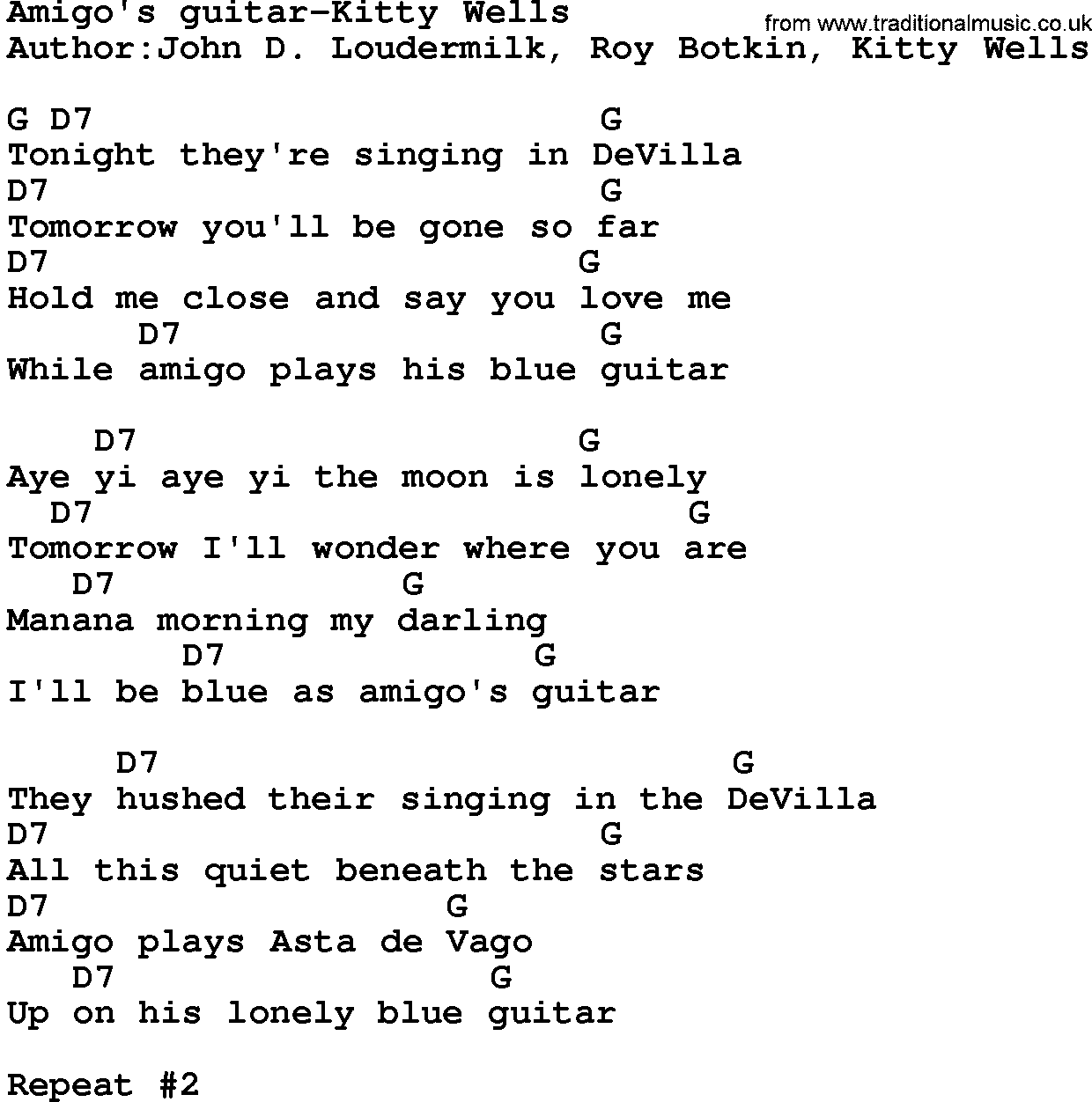 Country music song: Amigo's Guitar-Kitty Wells lyrics and chords