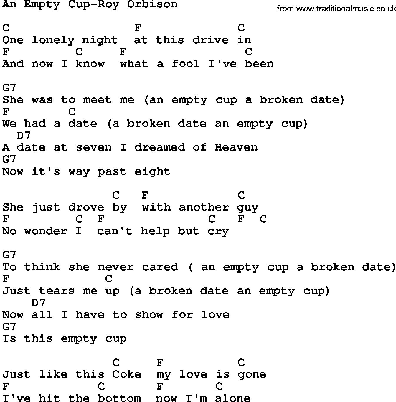 Country music song: An Empty Cup-Roy Orbison lyrics and chords