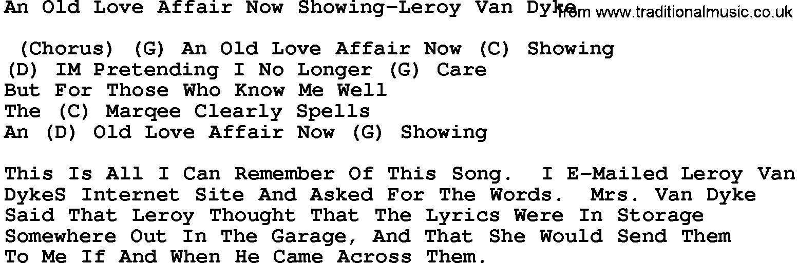 Country music song: An Old Love Affair Now Showing-Leroy Van Dyke lyrics and chords