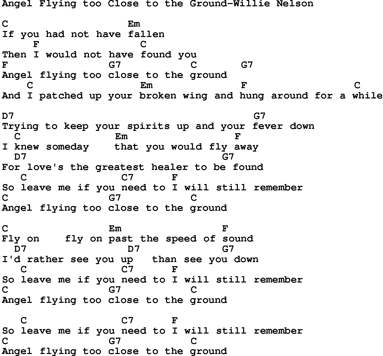 Country music song: Angel Flying Too Close To The Ground-Willie Nelson lyrics and chords