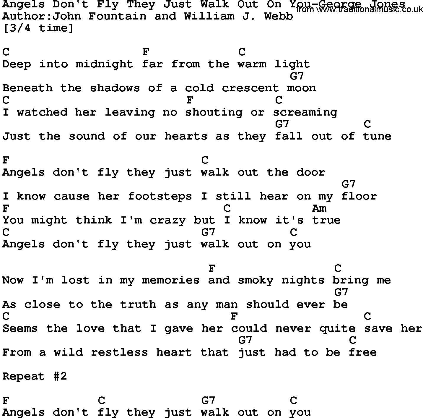 Country music song: Angels Don't Fly They Just Walk Out On You-George Jones lyrics and chords