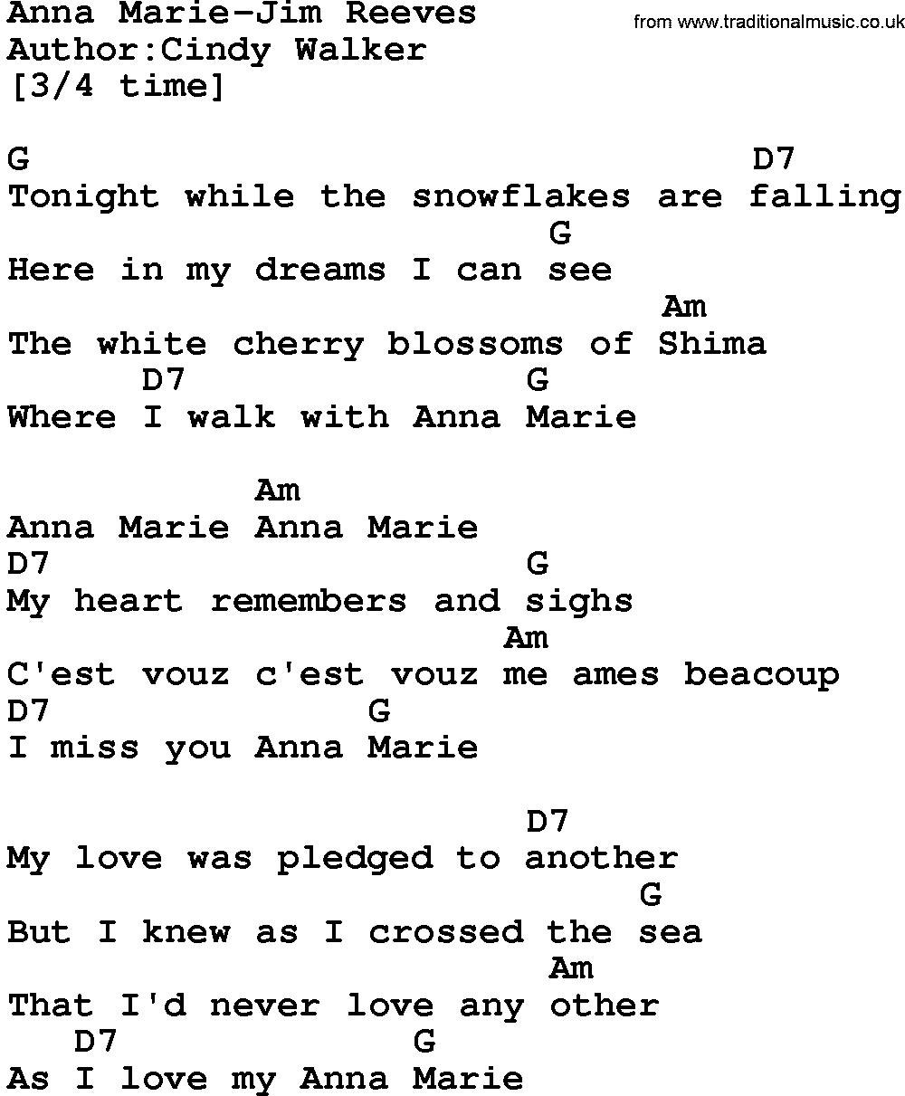 Country music song: Anna Marie-Jim Reeves lyrics and chords