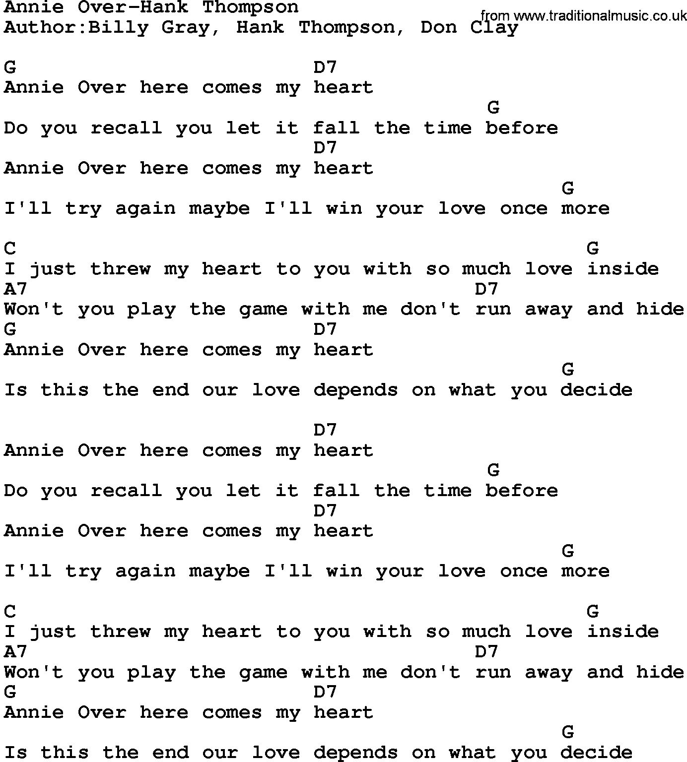 Country music song: Annie Over-Hank Thompson lyrics and chords