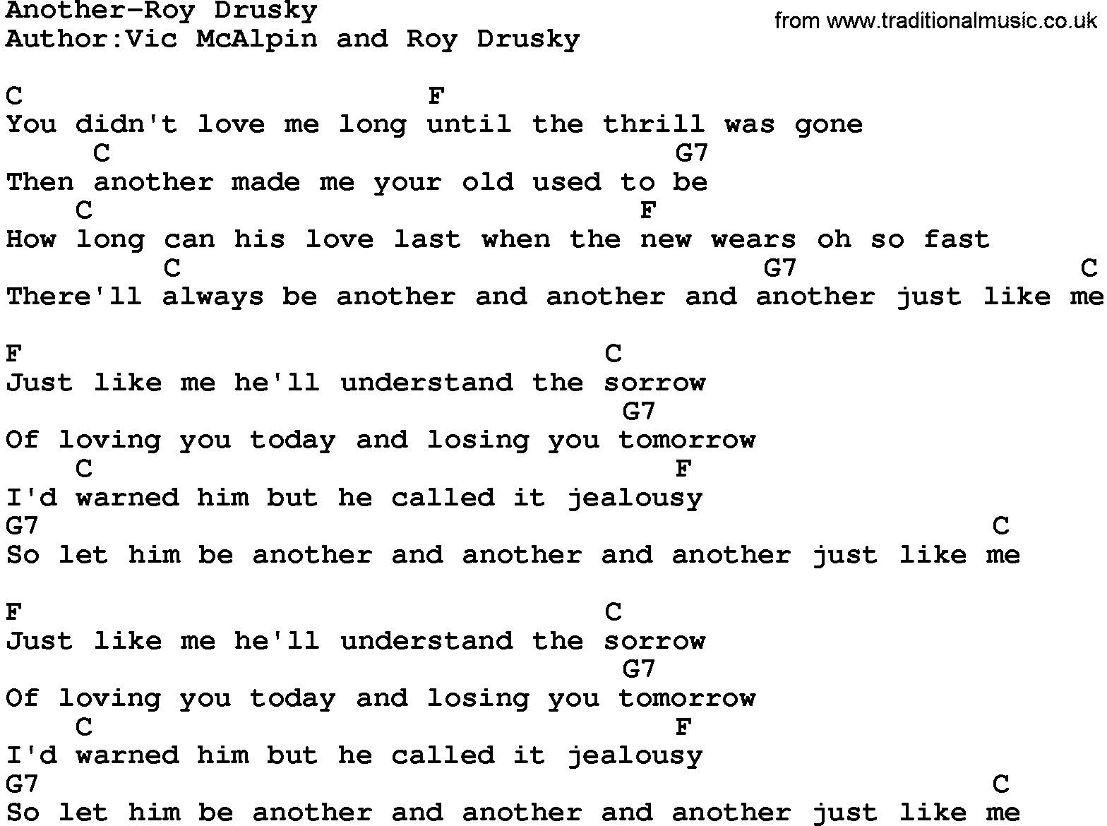 Country music song: Another-Roy Drusky lyrics and chords