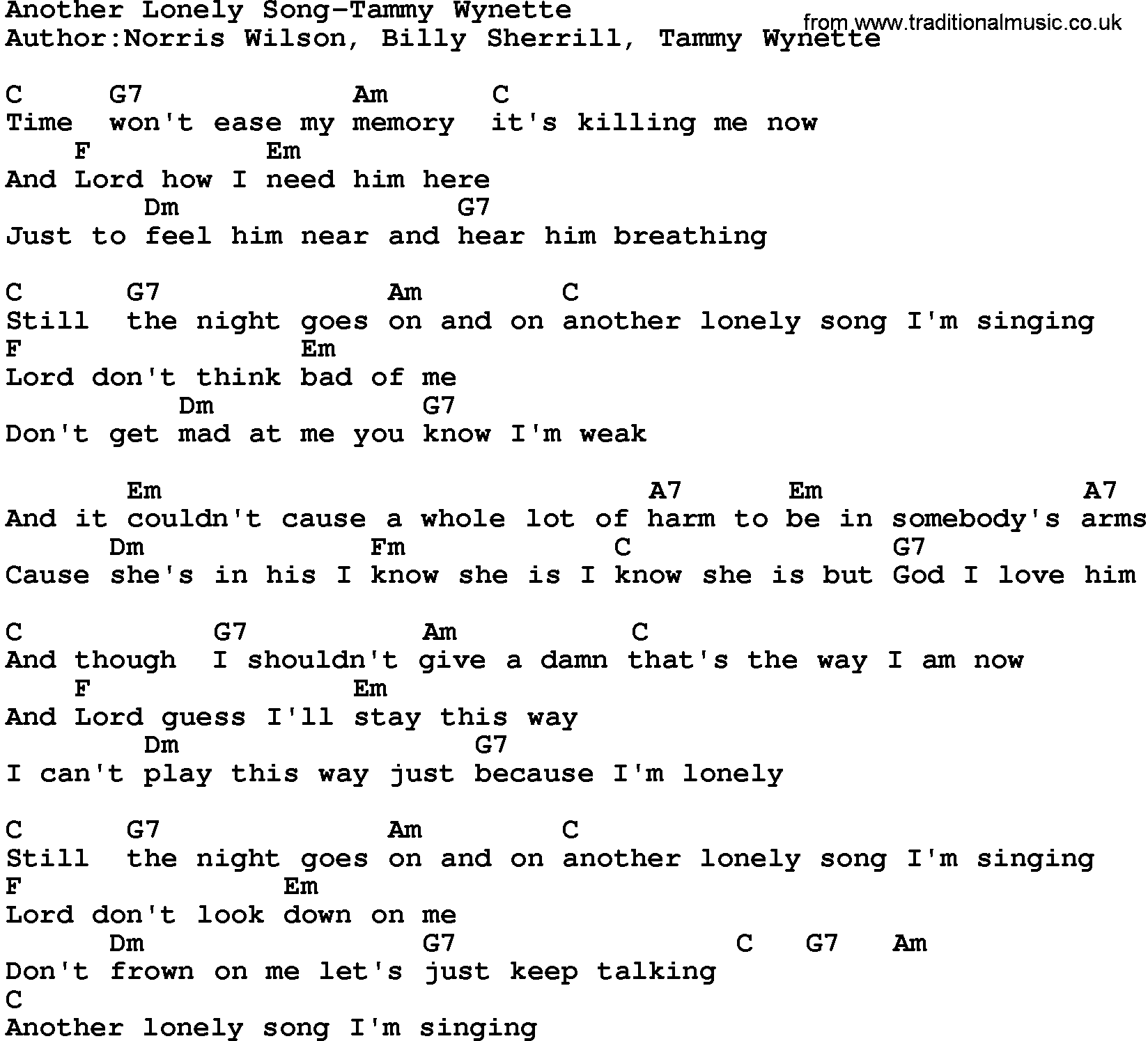 Country music song: Another Lonely Song-Tammy Wynette lyrics and chords