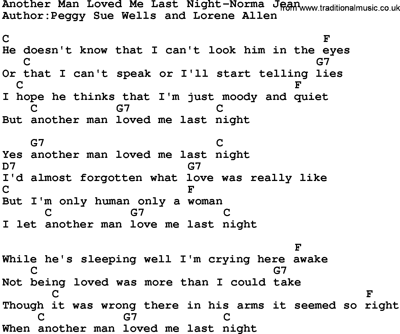 Country music song: Another Man Loved Me Last Night-Norma Jean lyrics and chords