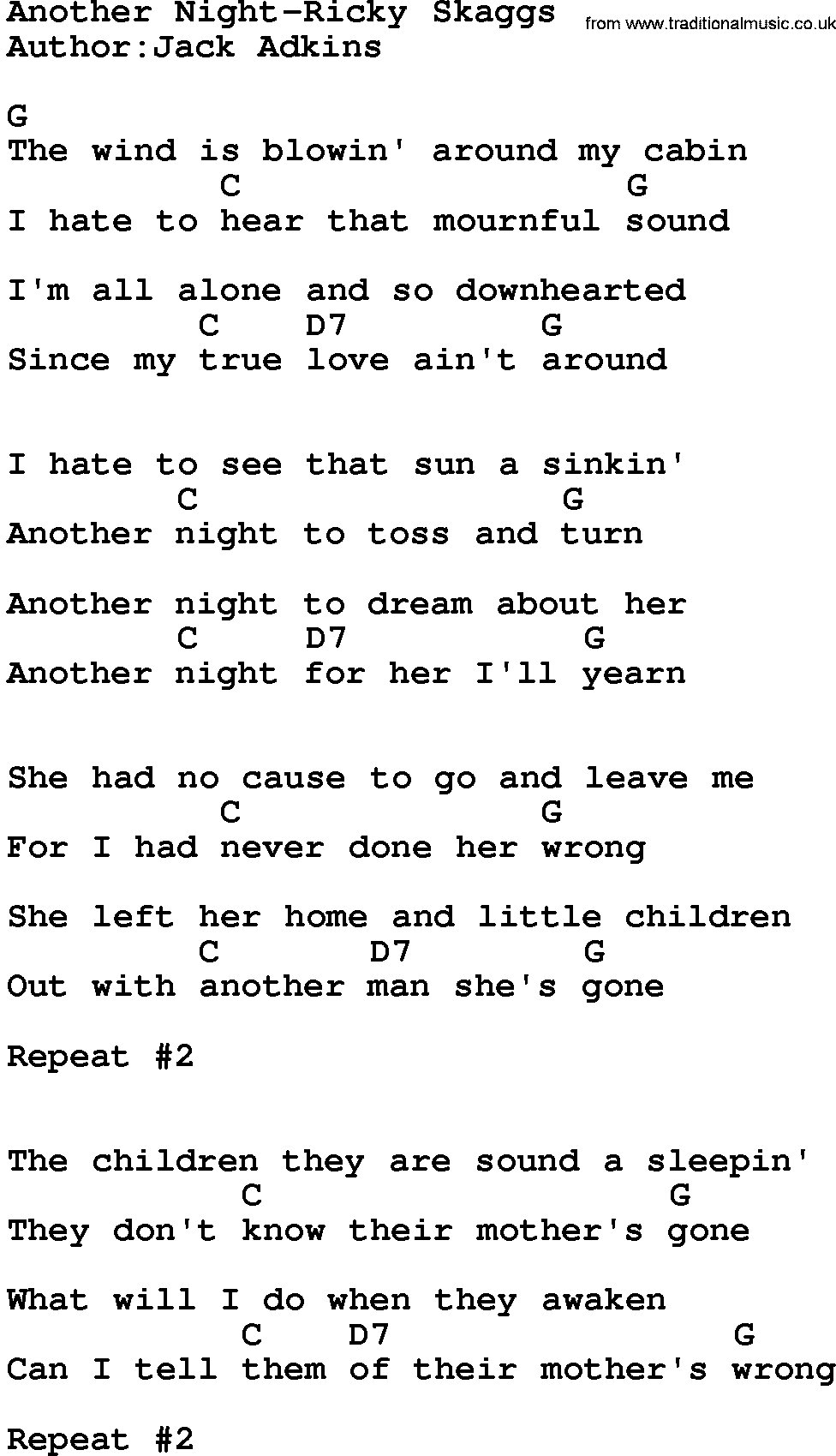Country music song: Another Night-Ricky Skaggs lyrics and chords