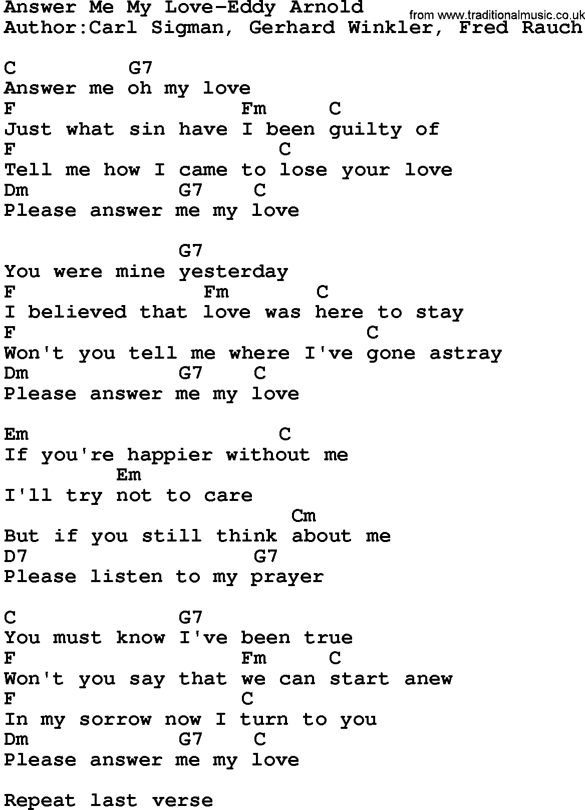 Country music song: Answer Me My Love-Eddy Arnold lyrics and chords