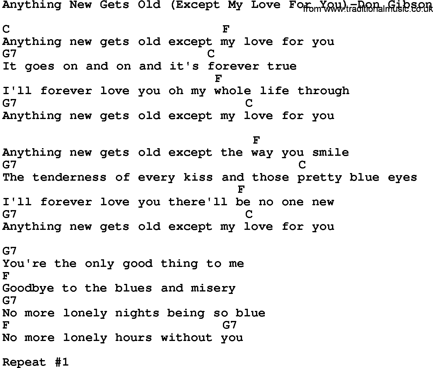 Country music song: Anything New Gets Old(Except My Love For You)-Don Gibson lyrics and chords