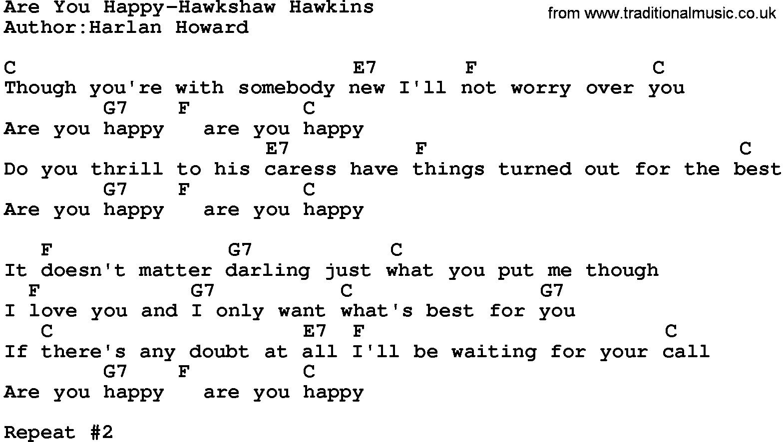 Country music song: Are You Happy-Hawkshaw Hawkins lyrics and chords