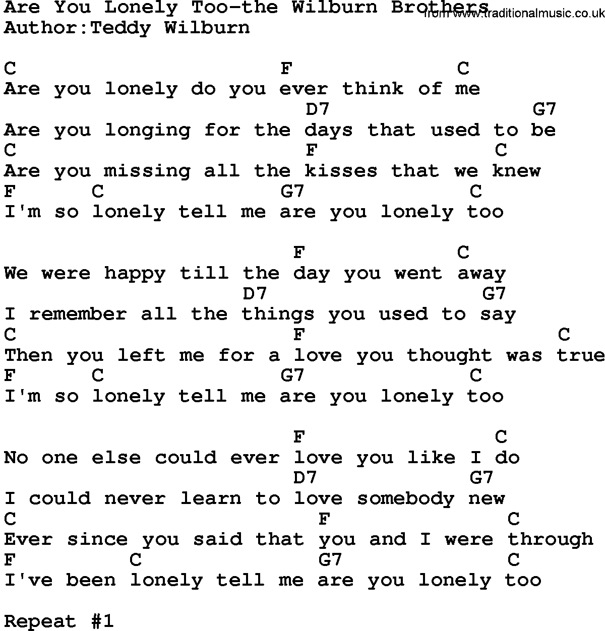 Country music song: Are You Lonely Too-The Wilburn Brothers lyrics and chords