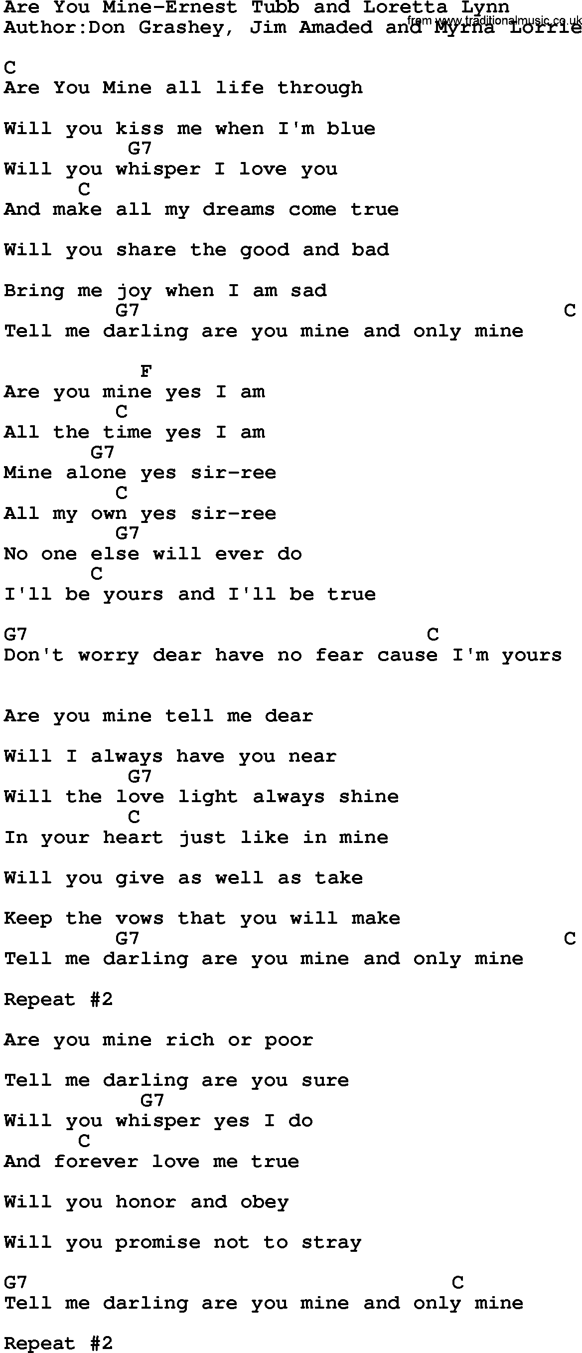 Country music song: Are You Mine-Ernest Tubb And Loretta Lynn lyrics and chords