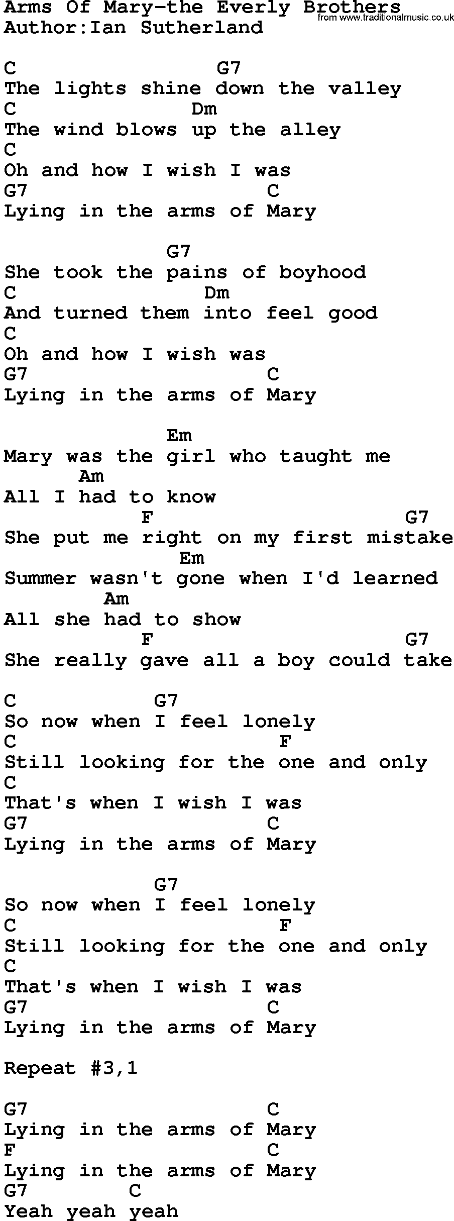 Country music song: Arms Of Mary-The Everly Brothers lyrics and chords