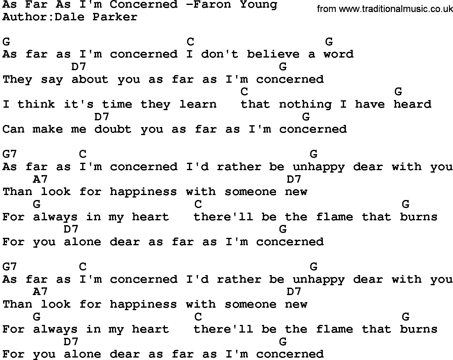 Country music song: As Far As I'm Concerned -Faron Young lyrics and chords