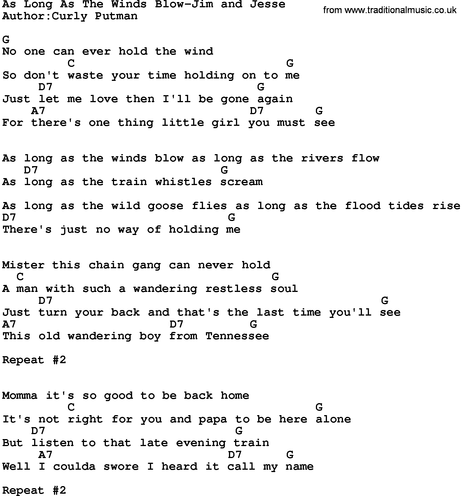 Country music song: As Long As The Winds Blow-Jim And Jesse lyrics and chords