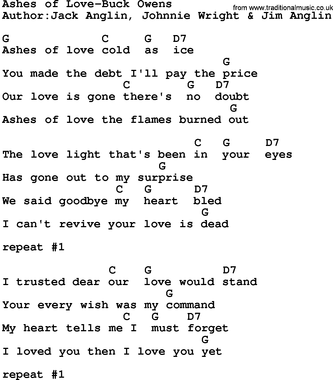 Country music song: Ashes Of Love-Buck Owens lyrics and chords
