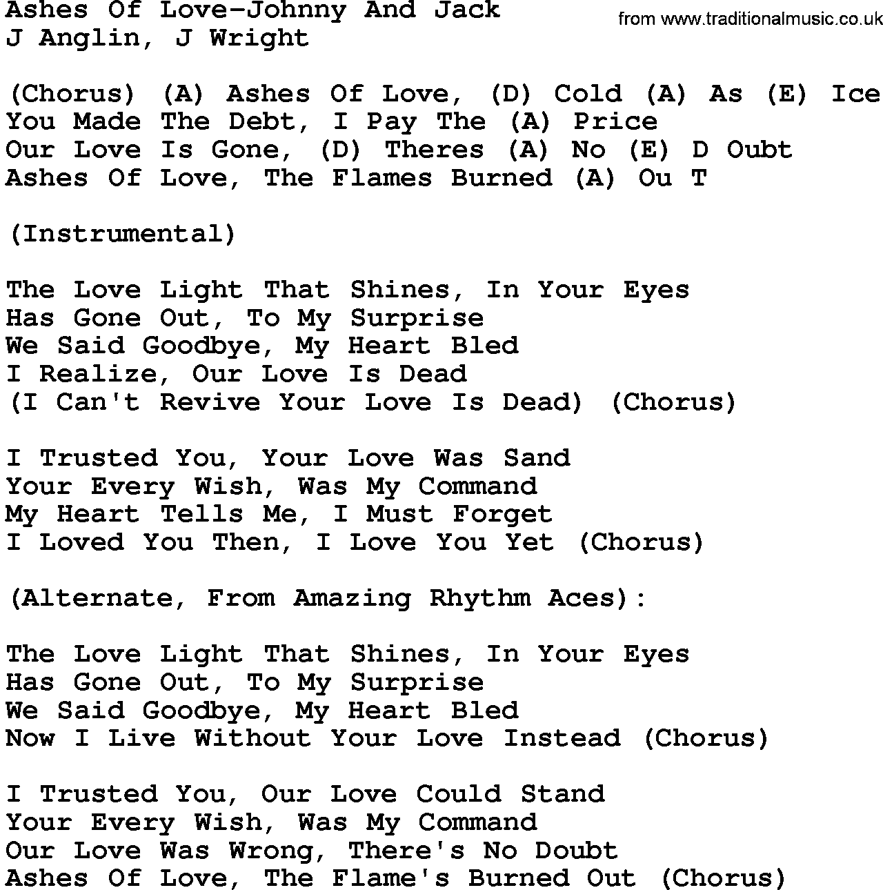 Country music song: Ashes Of Love-Johnny And Jack lyrics and chords
