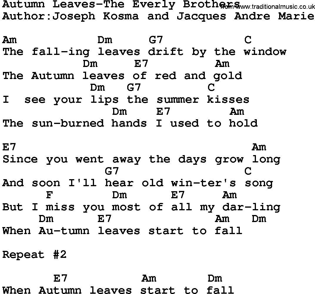Country music song: Autumn Leaves-The Everly Brothers lyrics and chords