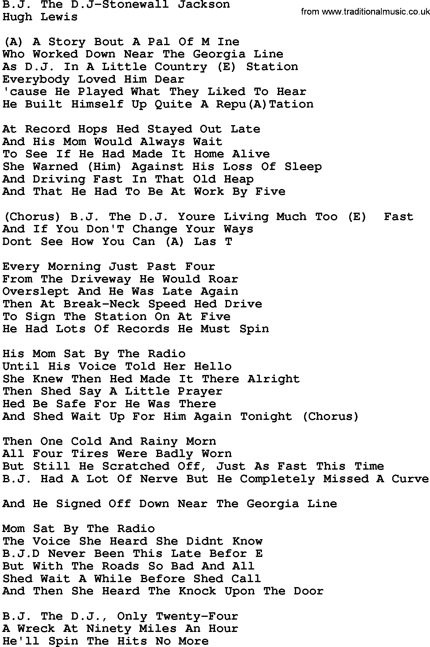 Country music song: B J The D J-Stonewall Jackson lyrics and chords