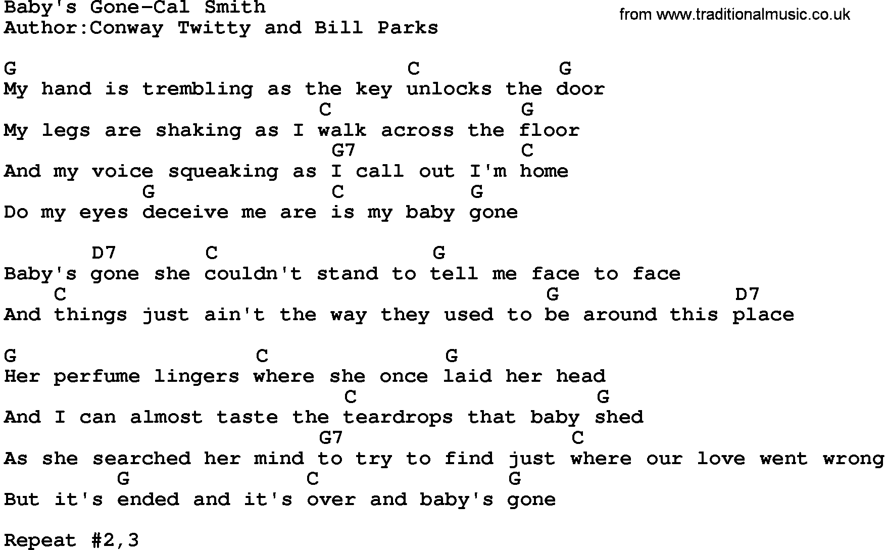 Country music song: Baby's Gone-Cal Smith lyrics and chords