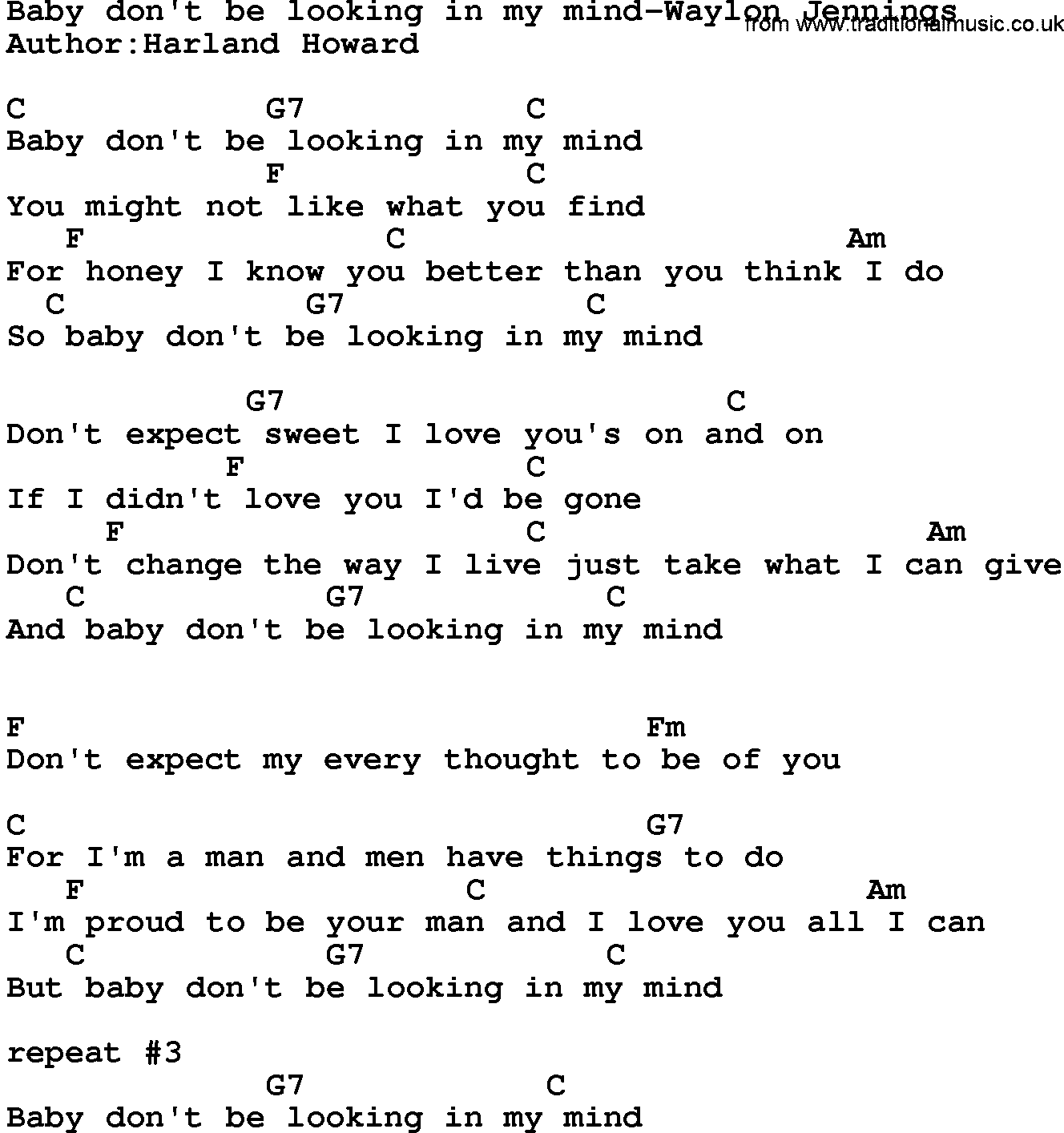 Country music song: Baby Don't Be Looking In My Mind-Waylon Jennings lyrics and chords