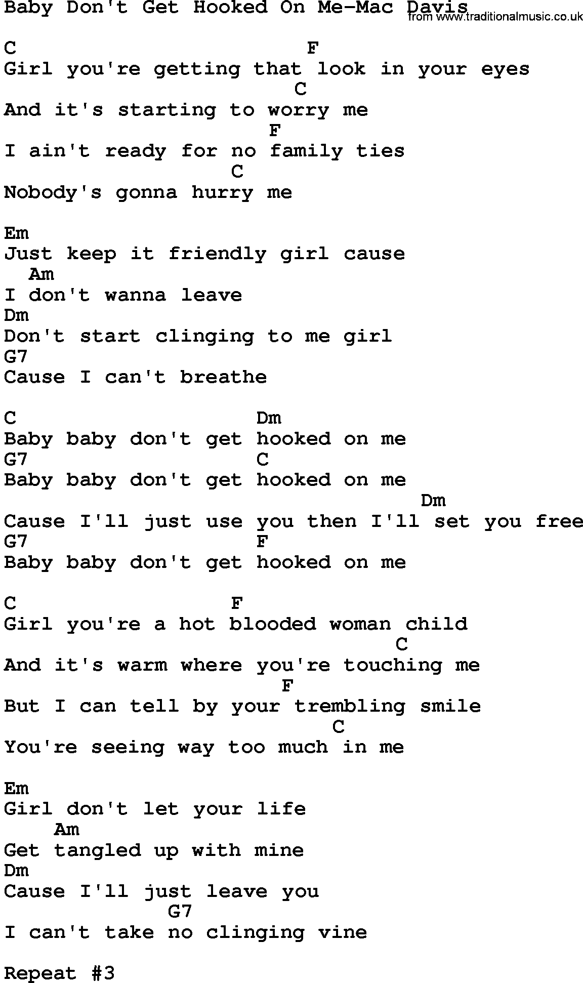 Country music song: Baby Don't Get Hooked On Me-Mac Davis lyrics and chords
