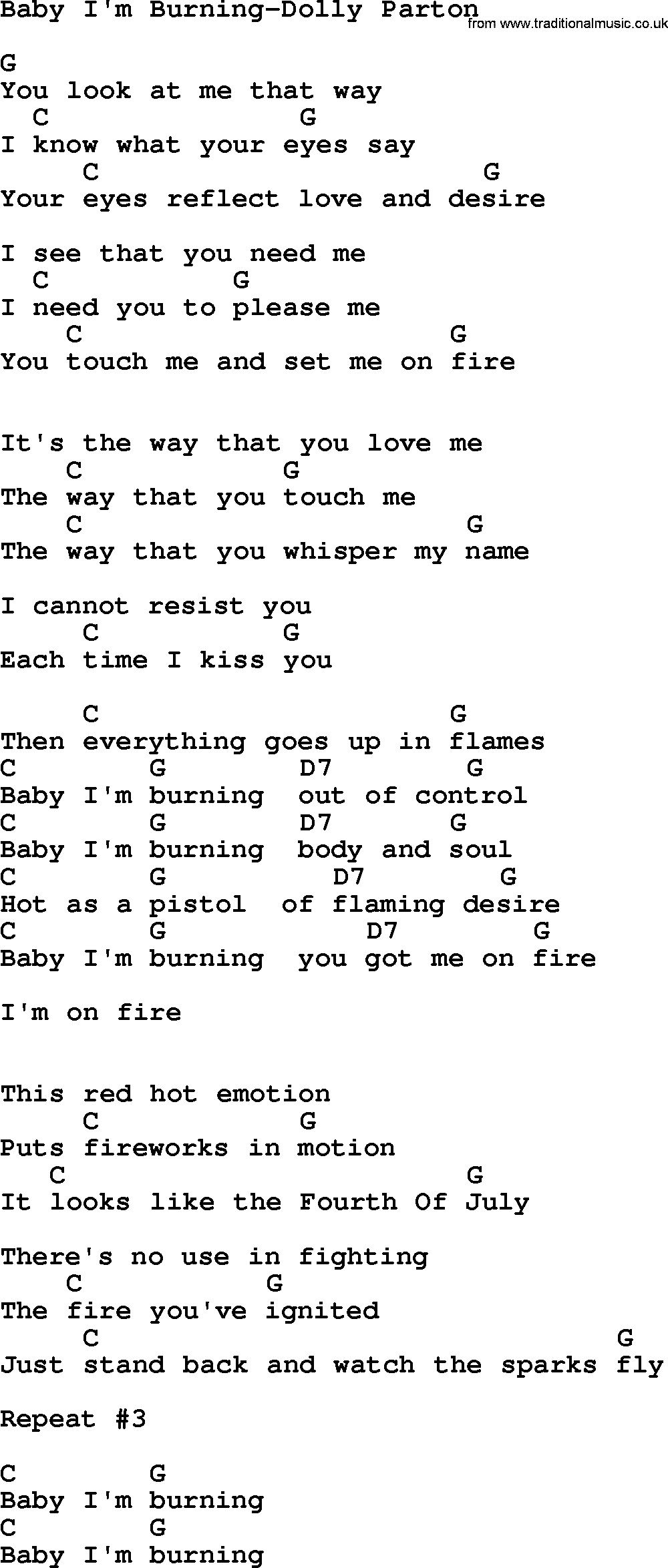 Country music song: Baby I'm Burning-Dolly Parton lyrics and chords
