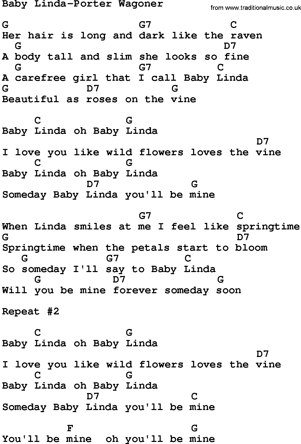 Country music song: Baby Linda-Porter Wagoner lyrics and chords