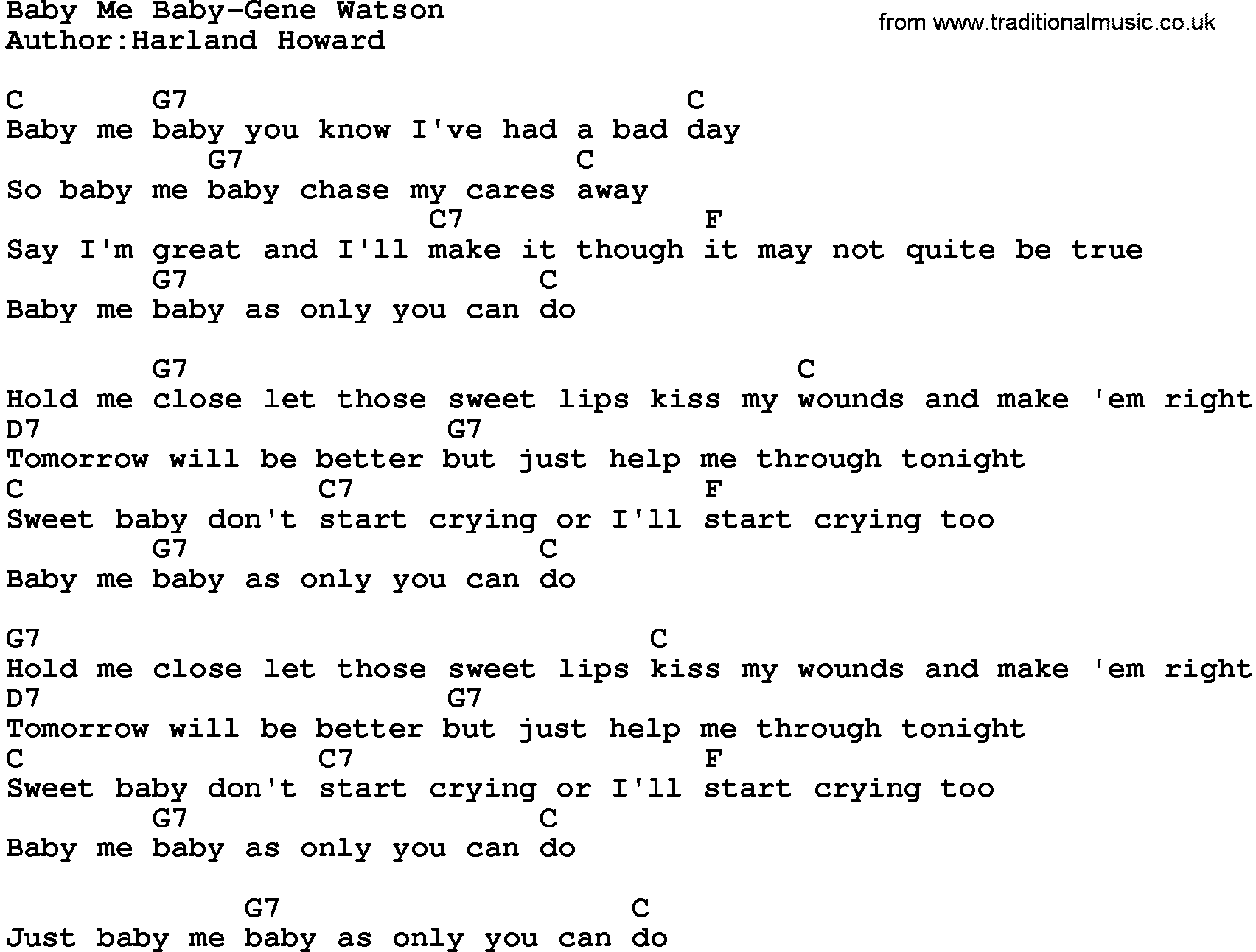 Country music song: Baby Me Baby-Gene Watson lyrics and chords