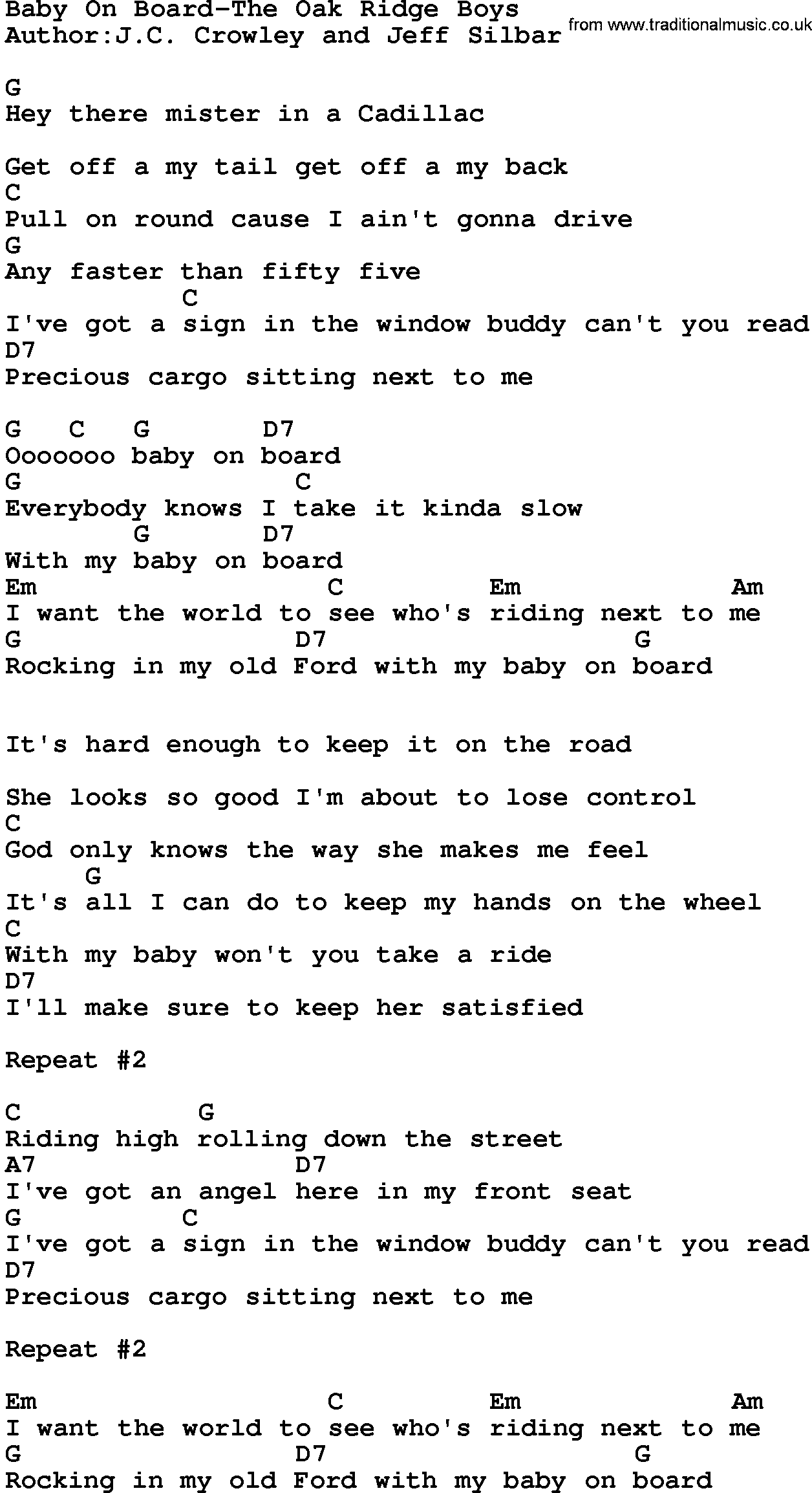 Country music song: Baby On Board-The Oak Ridge Boys lyrics and chords
