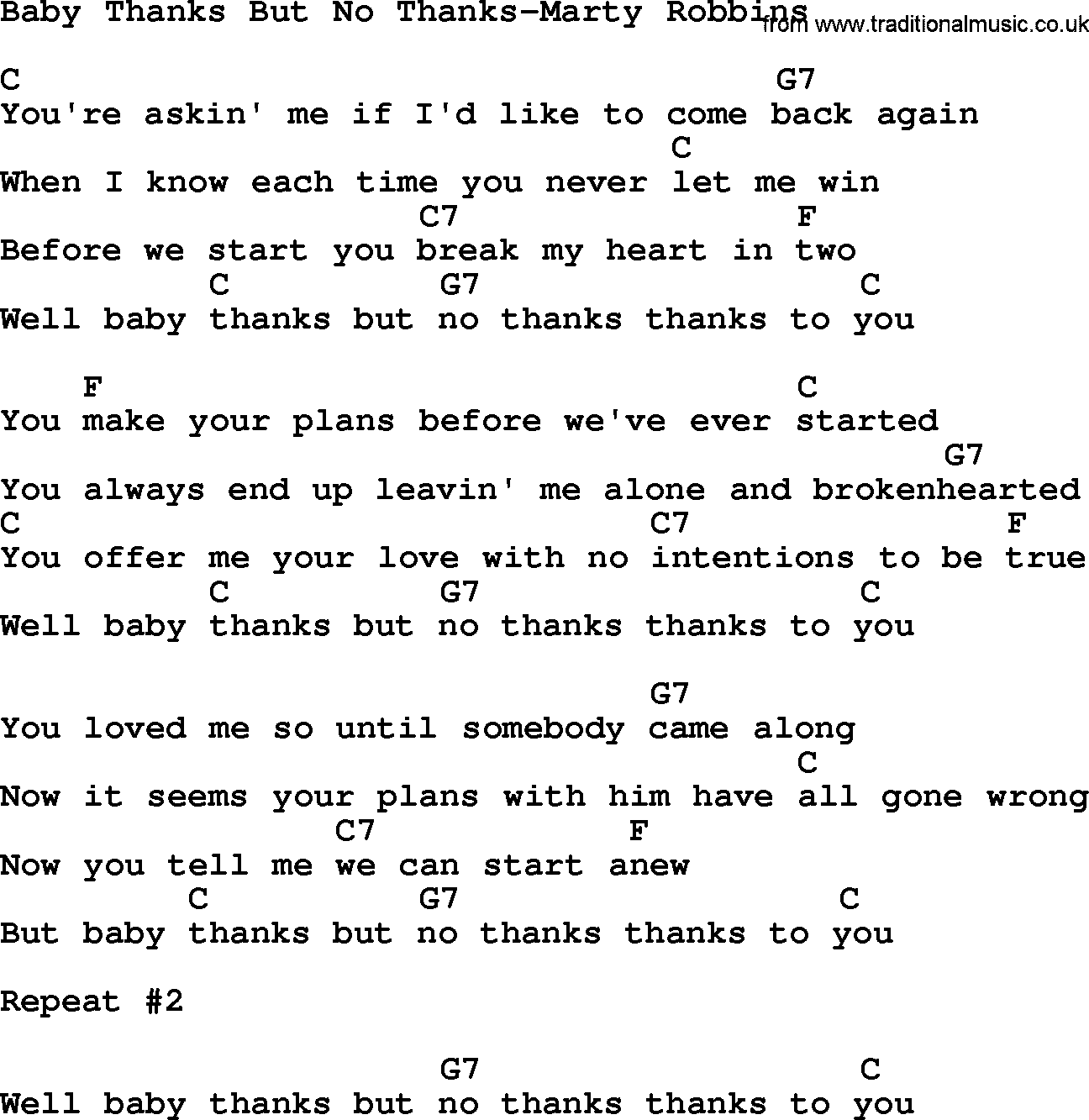 Country music song: Baby Thanks But No Thanks-Marty Robbins lyrics and chords