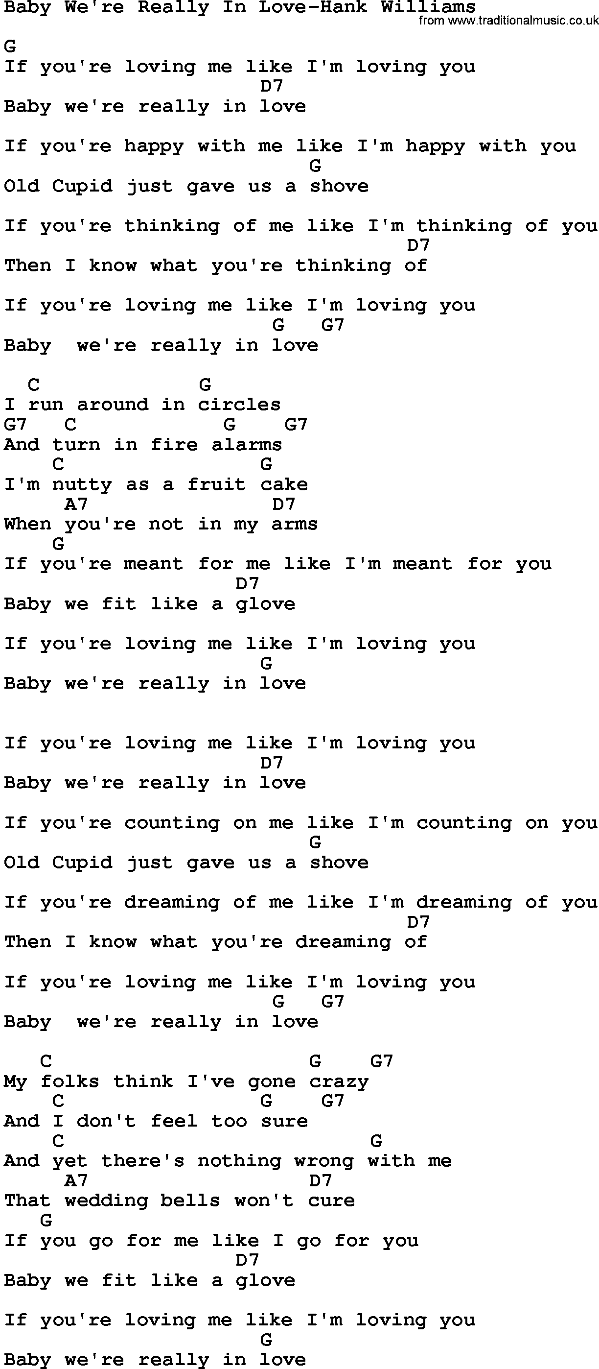 Country music song: Baby We're Really In Love-Hank Williams lyrics and chords