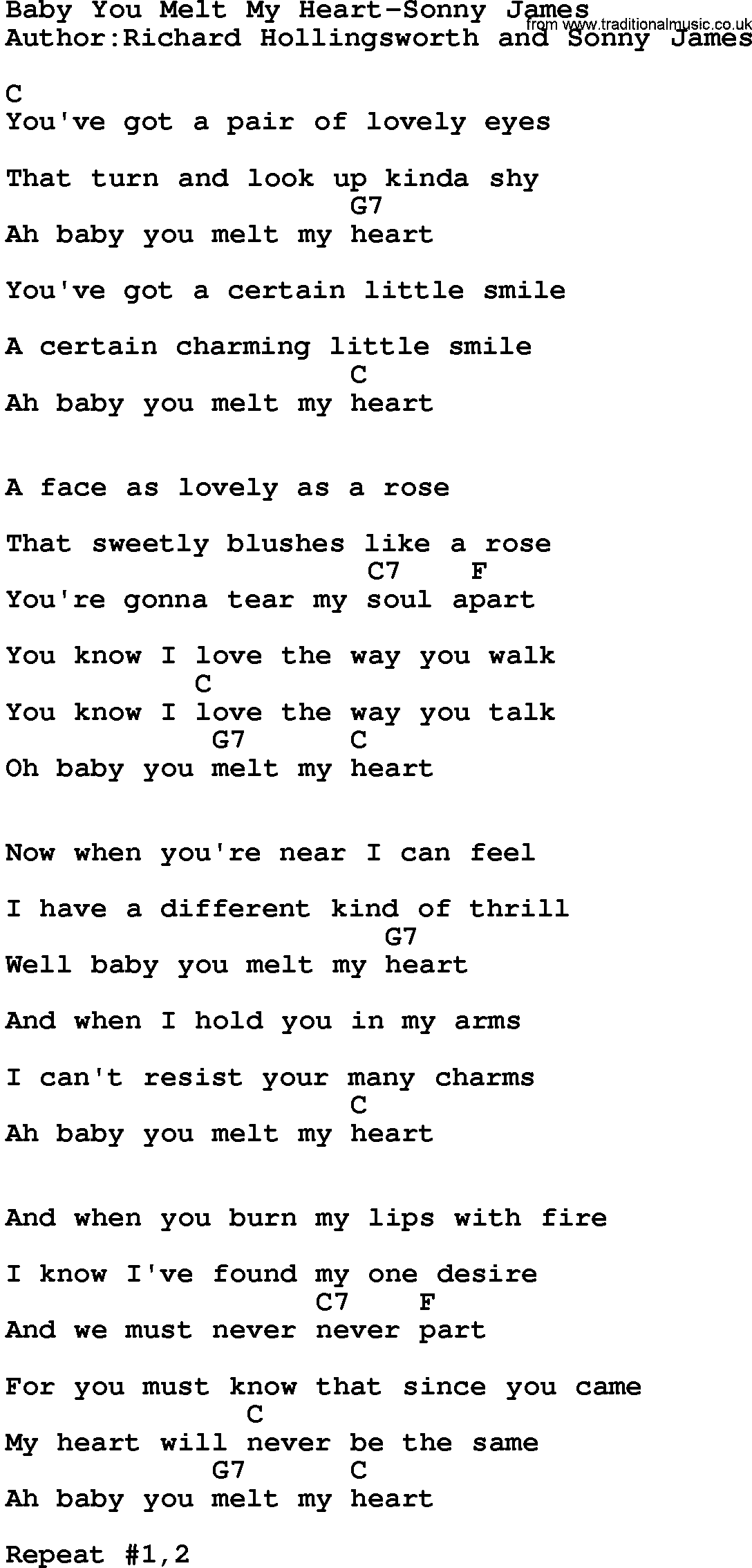 Country music song: Baby You Melt My Heart-Sonny James lyrics and chords