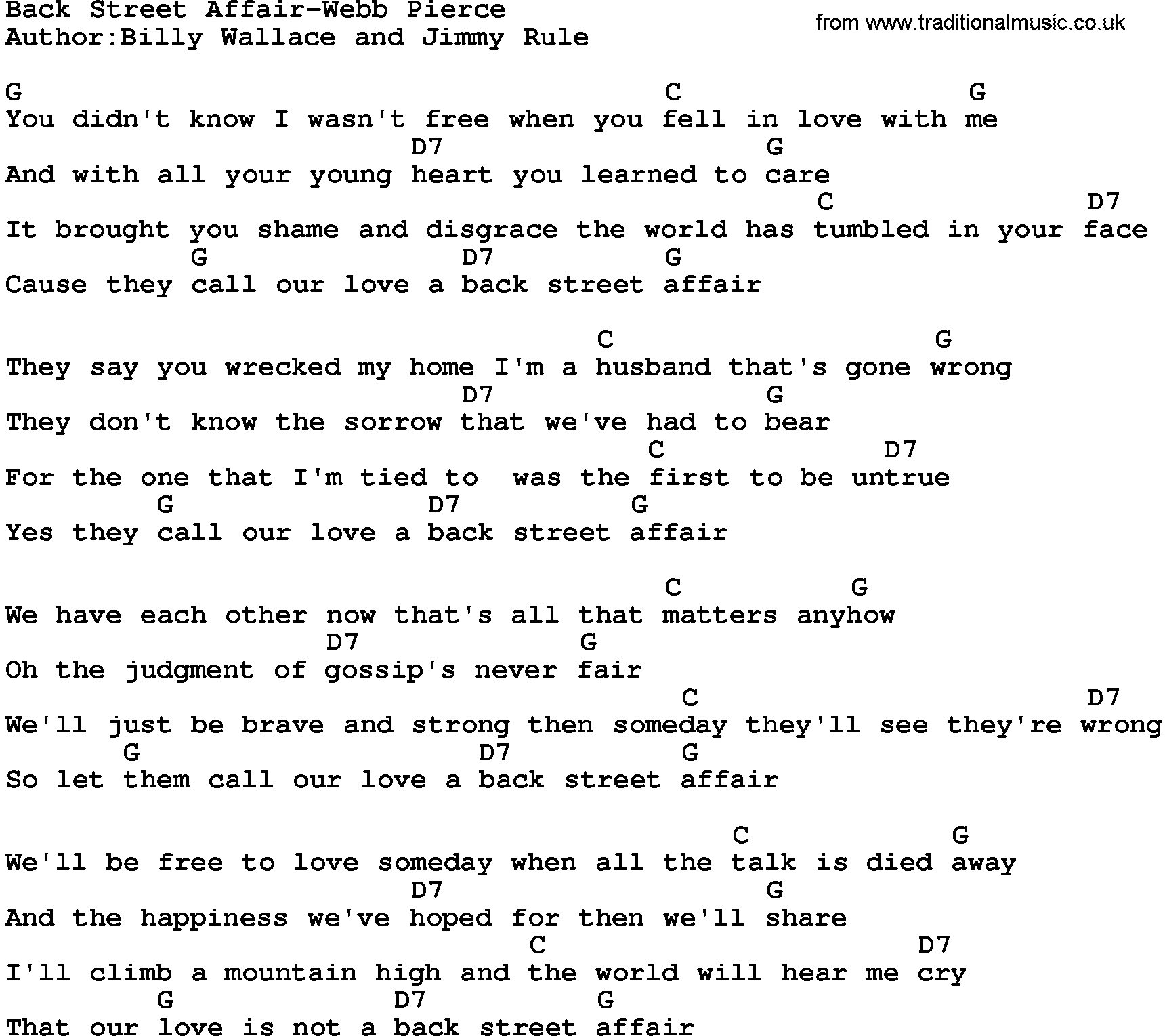 Country music song: Back Street Affair-Webb Pierce lyrics and chords