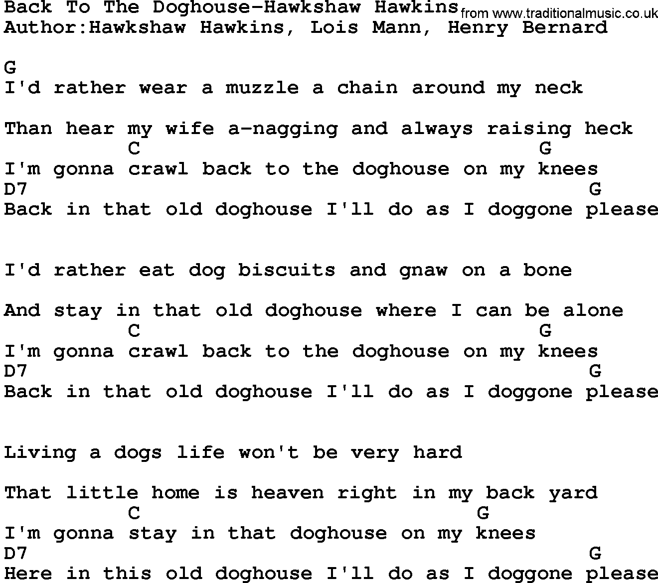 Country music song: Back To The Doghouse-Hawkshaw Hawkins lyrics and chords
